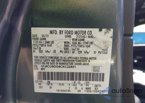 2012 Ford Escape Xlt z USA, uszkodzony, nr VIN 1FMCU9DG4CKC22851